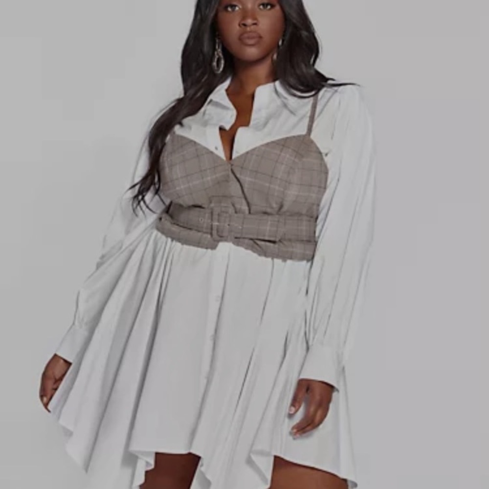 Fashion to Figure Taupe Plaid Asymmetrical Dress with Belted Bustier